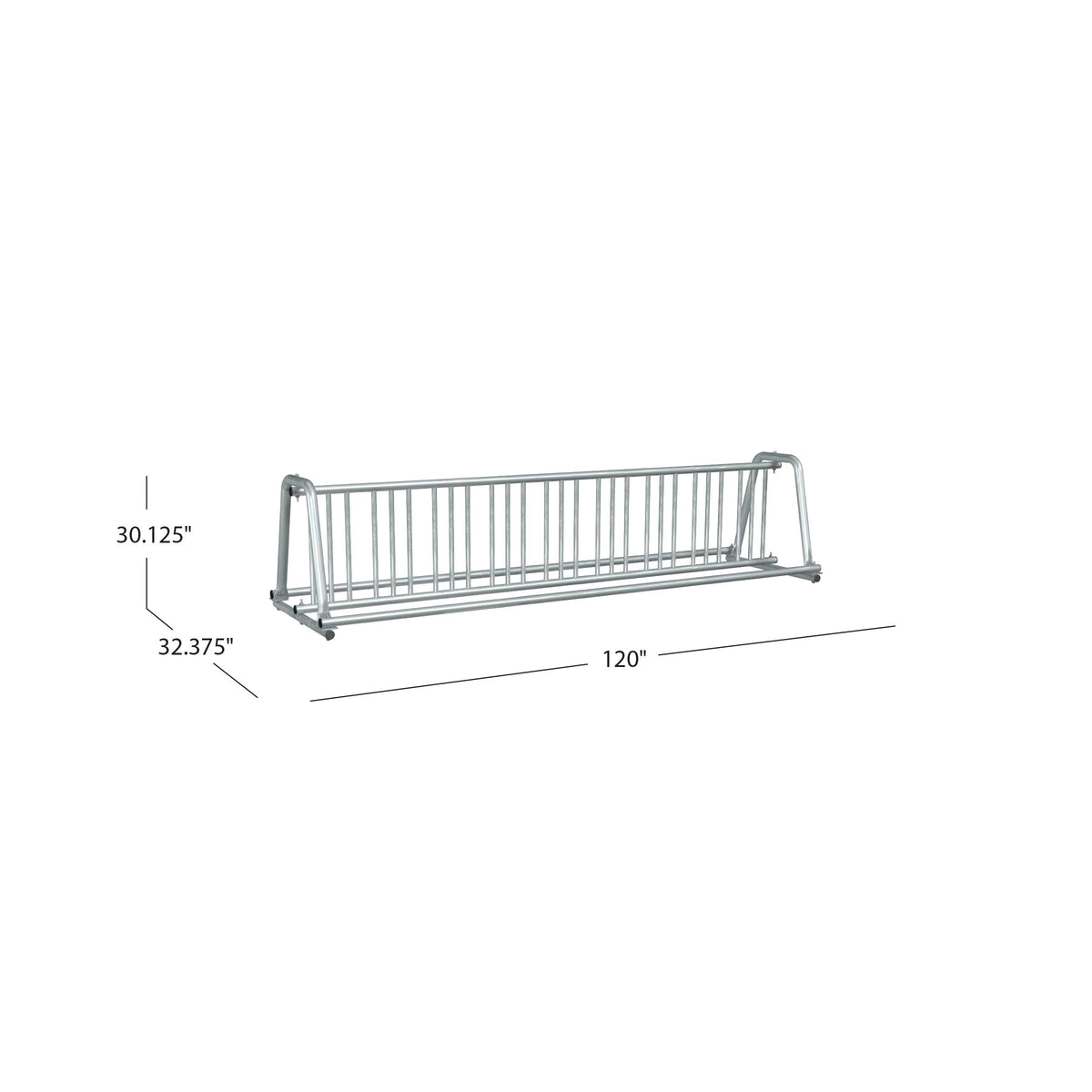 5ADBK bike rack with dimensions: 30.125 in. high x 32.375 in. deep x 120 in. wide