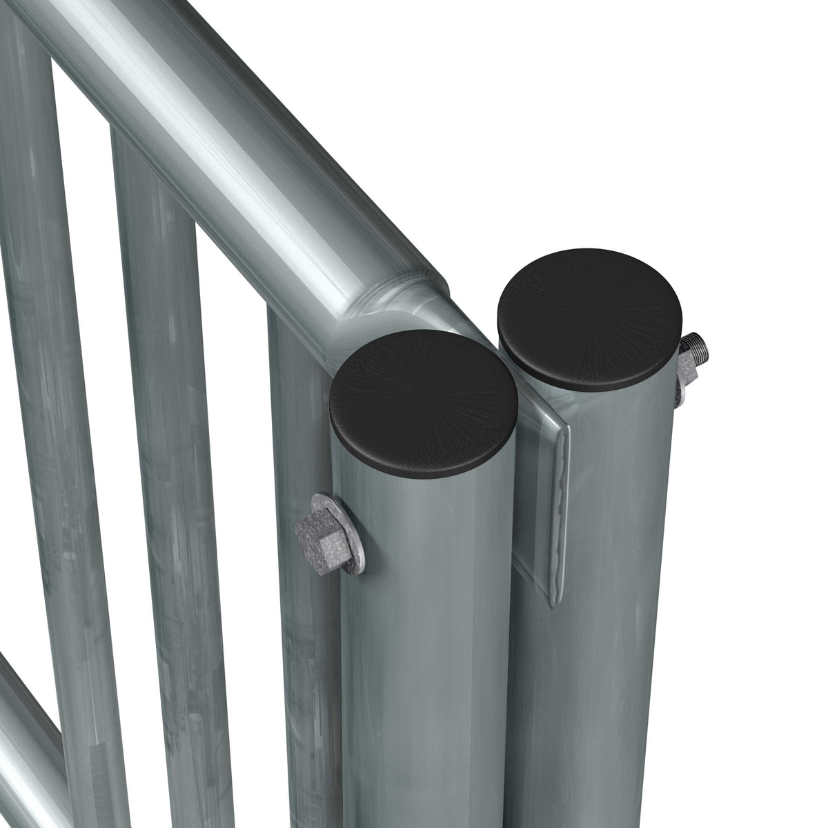 16 ft long bike rack of galvanized steel tubing - single sided in closeup view of right corner top endcaps