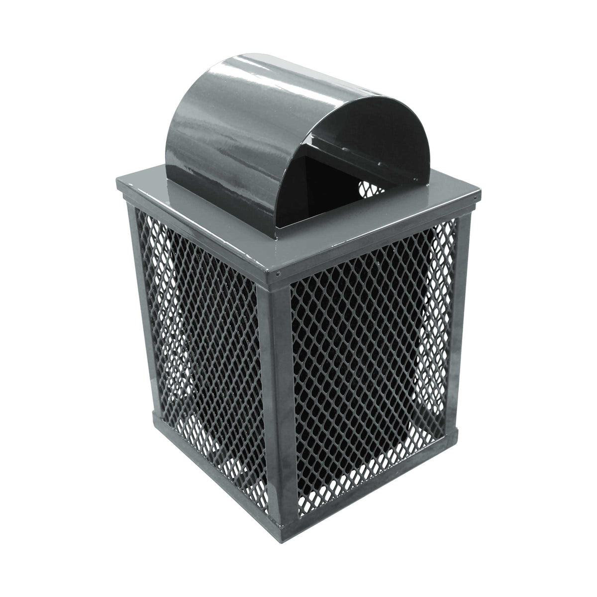 32 gal. square expanded metal receptacle with dome lid and square plastic liner in gray thermoplastic finish - 3/4 view