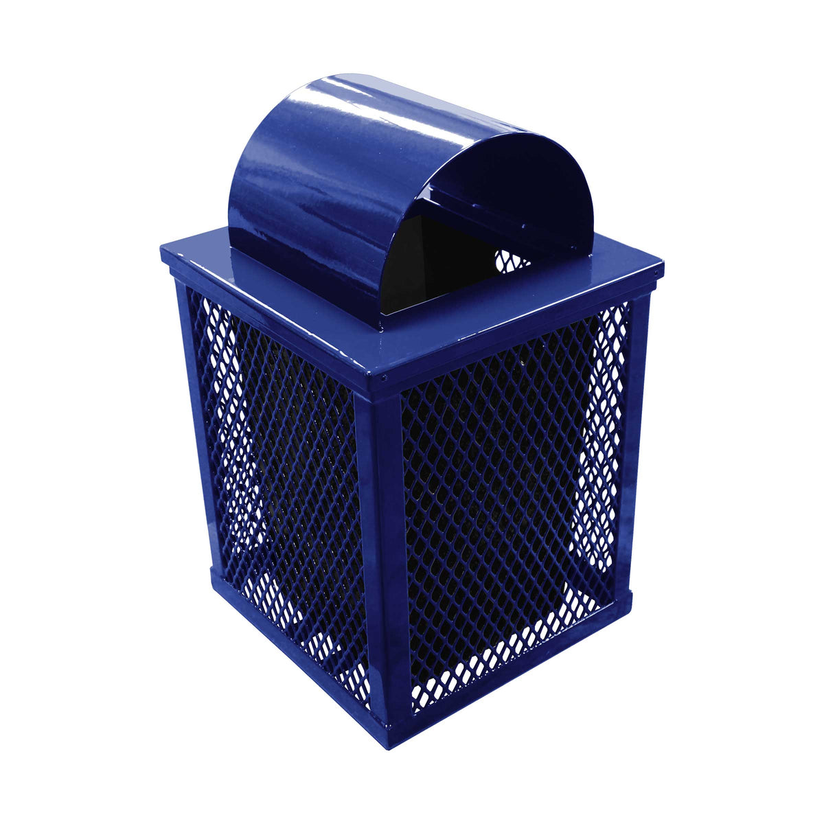 32 gal. square expanded metal receptacle with dome lid and square plastic liner in navy thermoplastic finish - 3/4 view