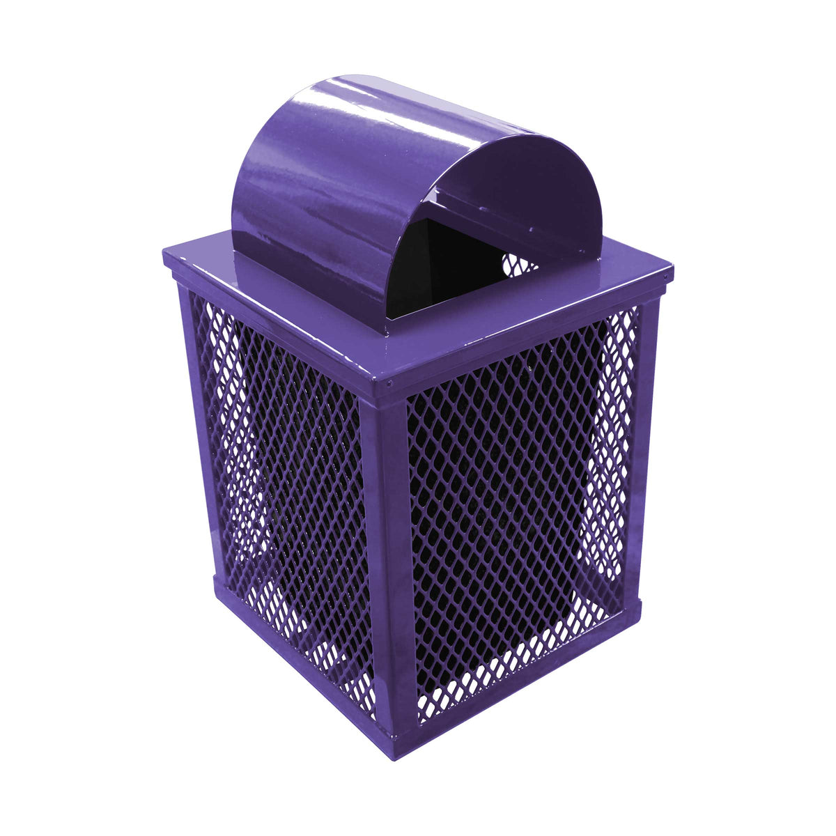 32 gal. square expanded metal receptacle with dome lid and square plastic liner in purple thermoplastic finish - 3/4 view
