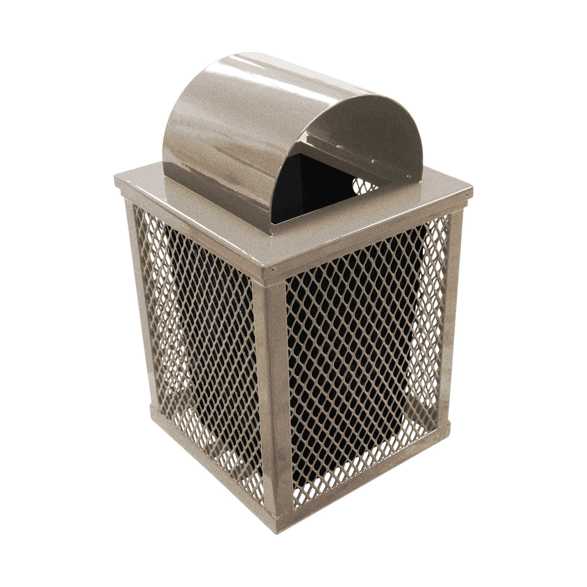 32 gal. square expanded metal receptacle with dome lid and square plastic liner in sandstone thermoplastic finish - 3/4 view