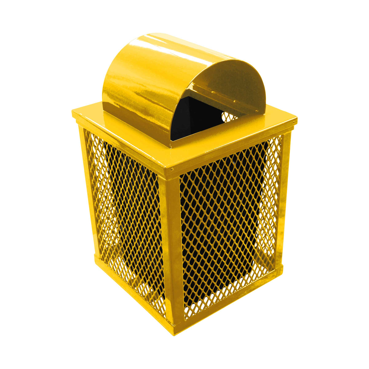 32 gal. square expanded metal receptacle with dome lid and square plastic liner in yellow thermoplastic finish - 3/4 view