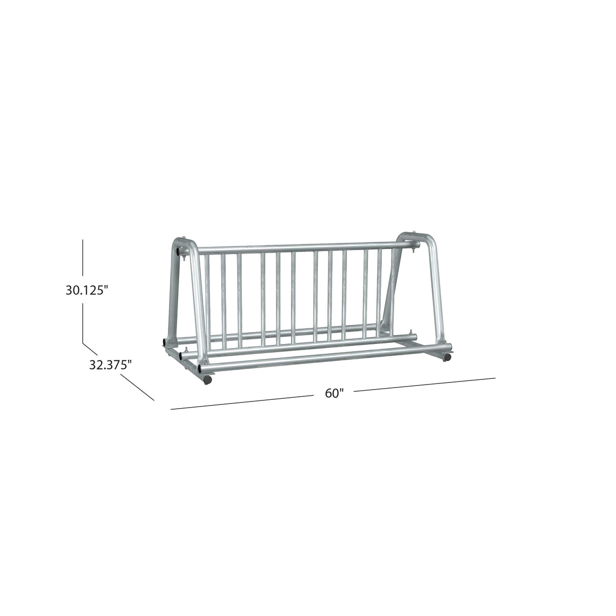5ADBK bike rack with dimensions: 30.125 in. high x 32.375 in. deep x 60 in. wide
