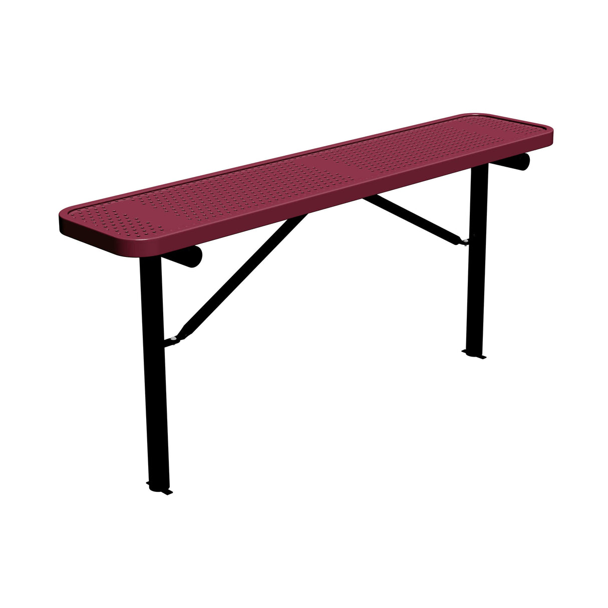 6 ft perforated in-ground mount players bench 15" wide with burgundy seat and black powder-coated legs