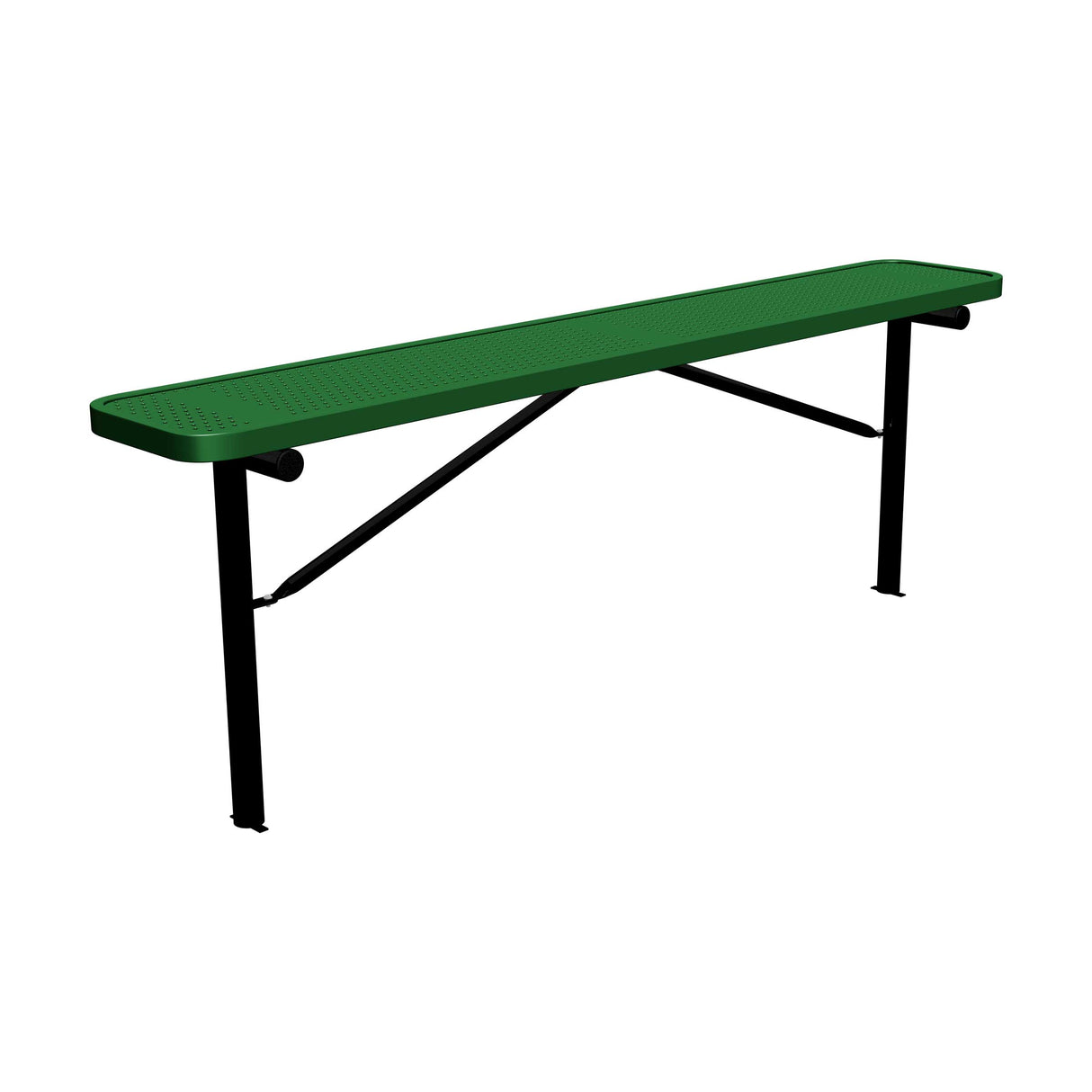 8 ft perforated in-ground mount players bench 15" wide with green seat and black powder-coated legs