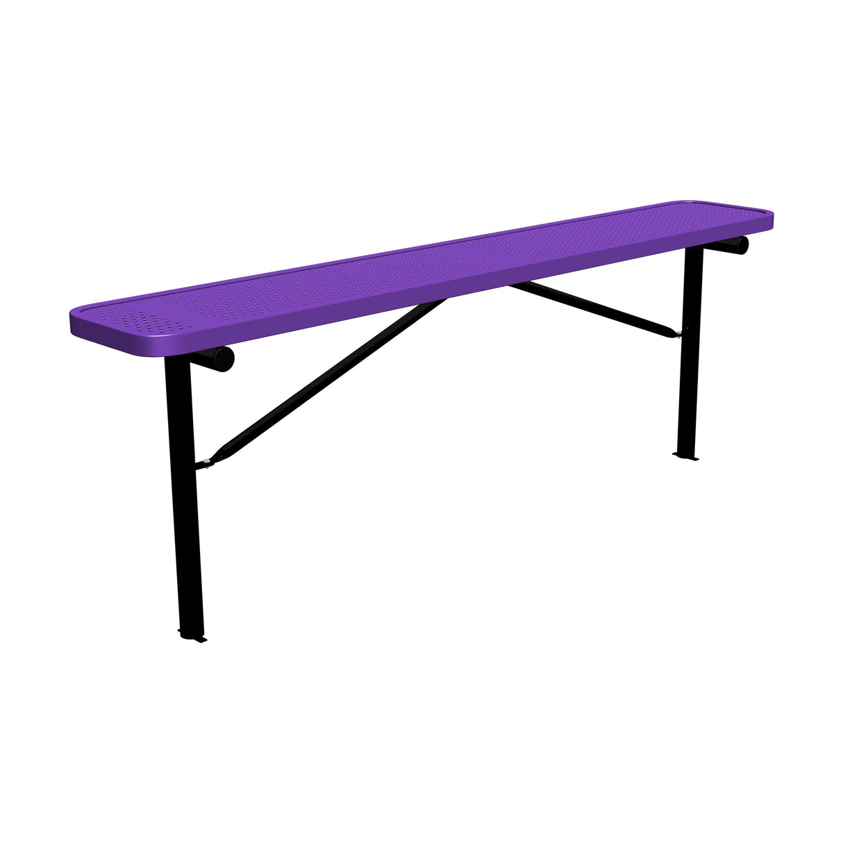 8 ft perforated in-ground mount players bench 15" wide with purple seat and black powder-coated legs