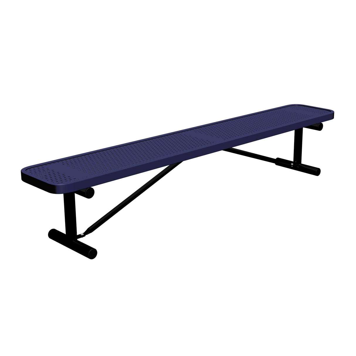 8 ft perforated portable mount players bench 15" wide with navy seat and black powder-coated legs