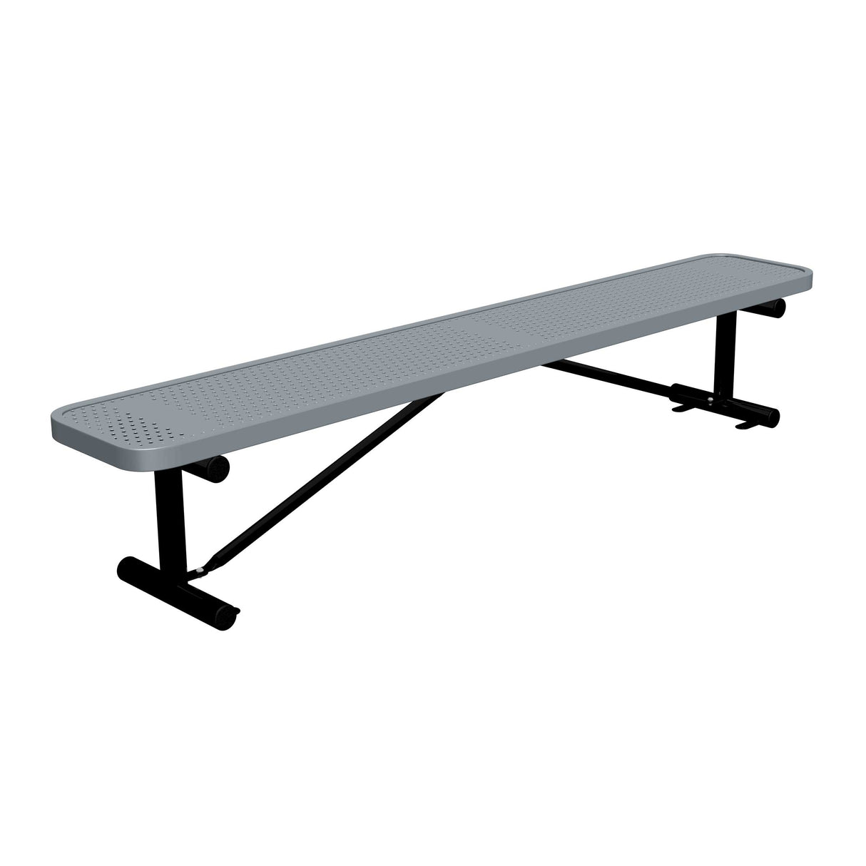 8 ft perforated surface mount players bench 15" wide with gray seat and black powder-coated legs