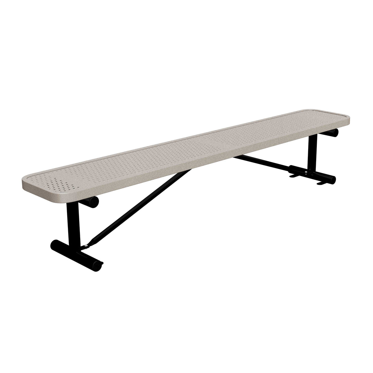 8 ft perforated surface mount players bench 15" wide with sandstone seat and black powder-coated legs