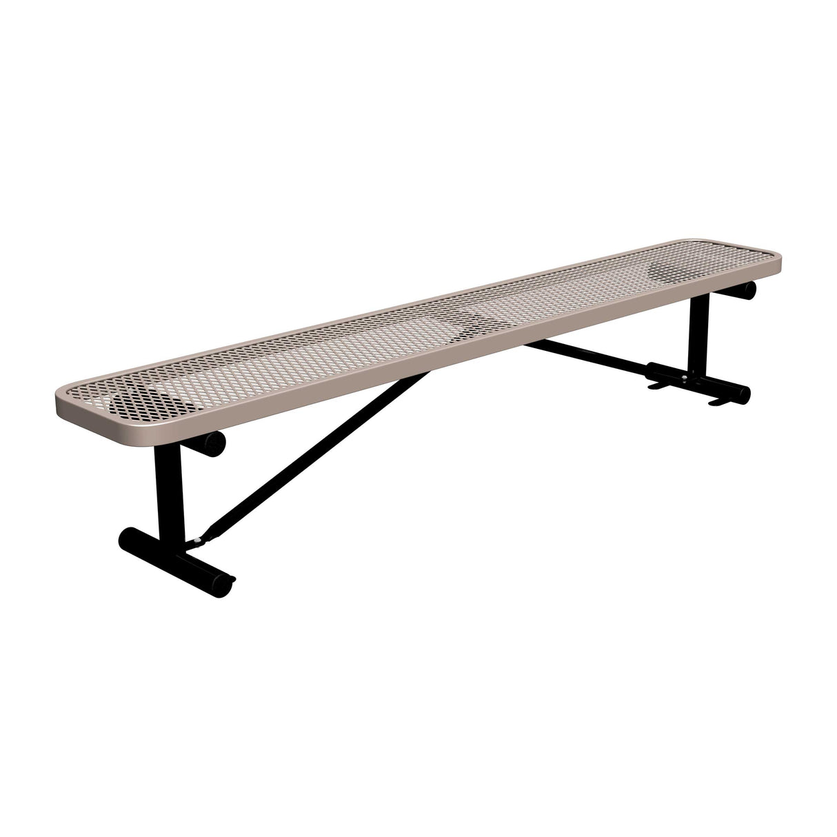 8 ft expanded metal surface mount players bench 15" wide with beige seat and black powder-coated legs