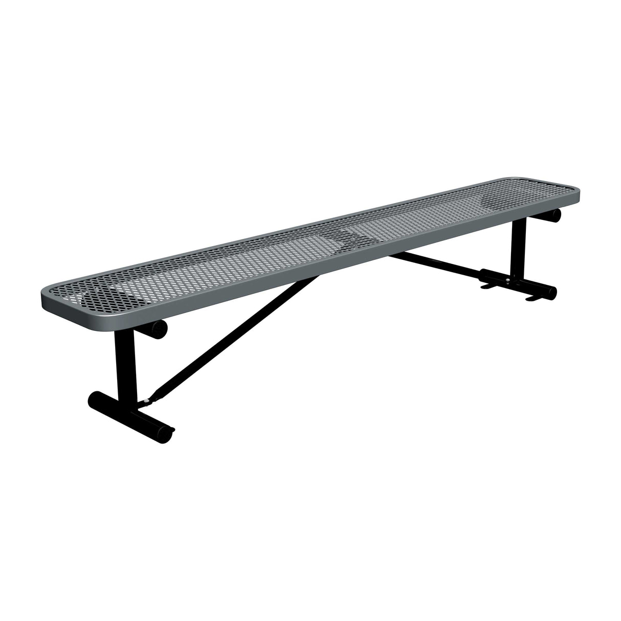 8 ft expanded metal surface mount players bench 15" wide with dark gray seat and black powder-coated legs
