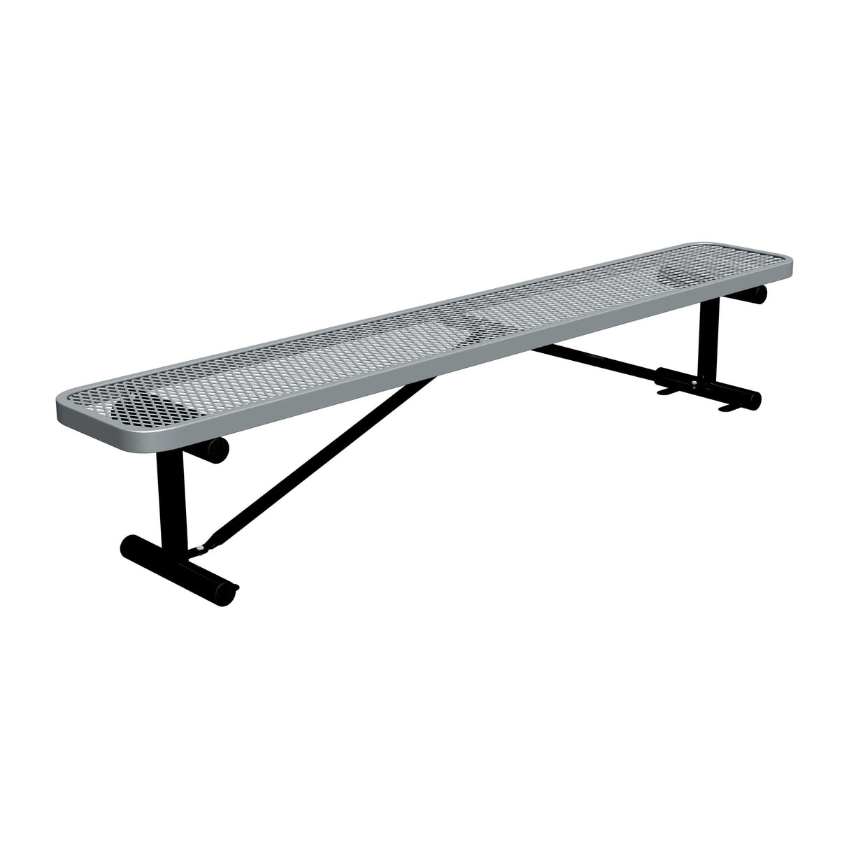 8 ft expanded metal surface mount players bench 15" wide with gray seat and black powder-coated legs