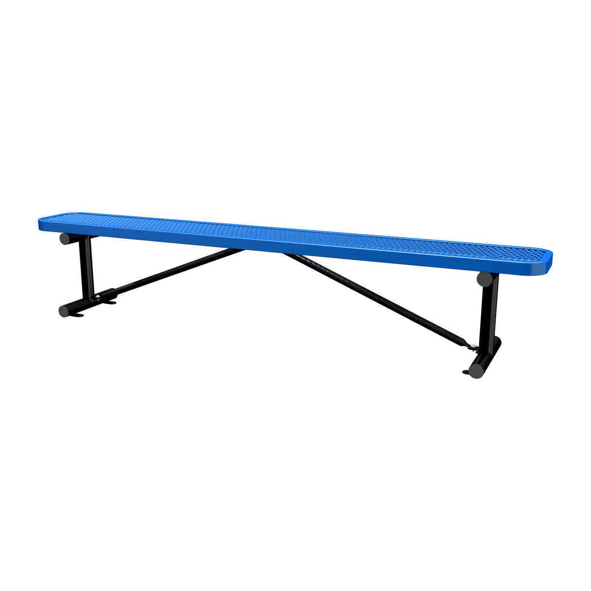 8 ft expanded metal surface mount bench with blue seat and black powder-coated legs
