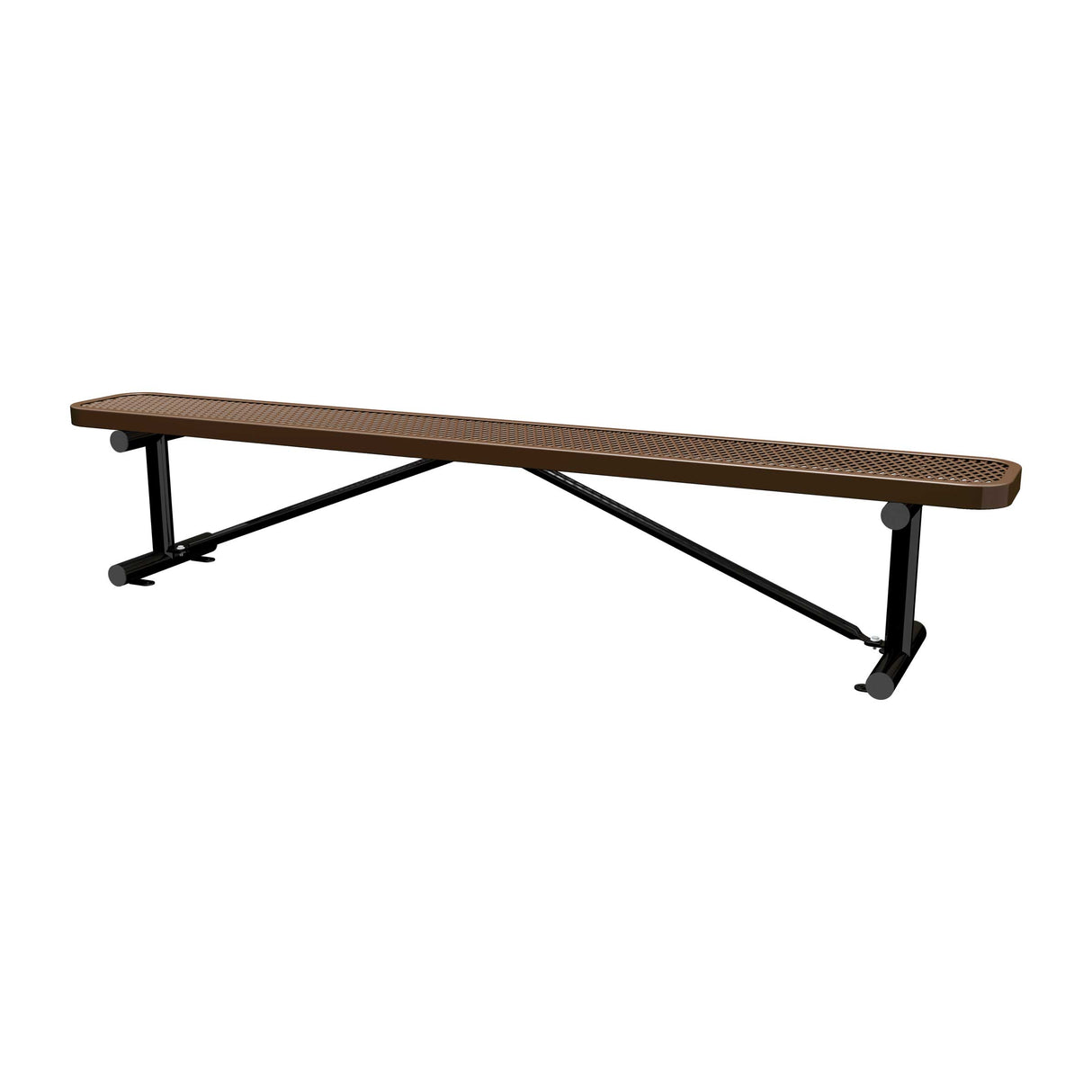 8 ft expanded metal surface mount bench with brown seat and black powder-coated legs