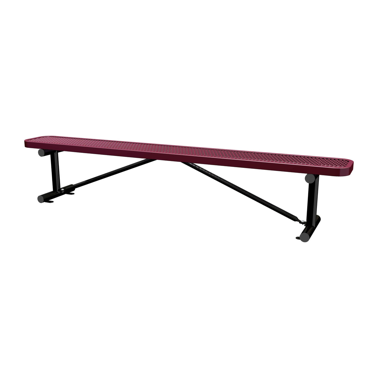 8 ft expanded metal surface mount bench with burgundy seat and black powder-coated legs