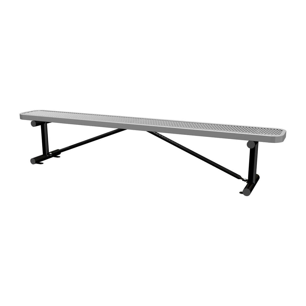 8 ft expanded metal surface mount bench with gray seat and black powder-coated legs
