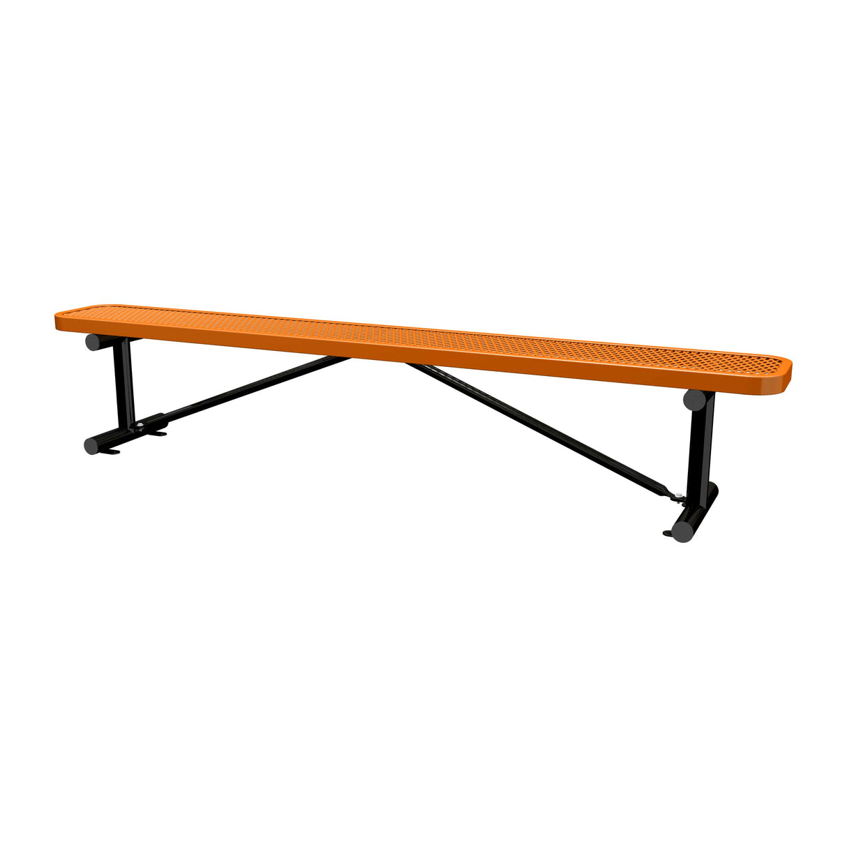 8 ft expanded metal surface mount bench with orange seat and black powder-coated legs