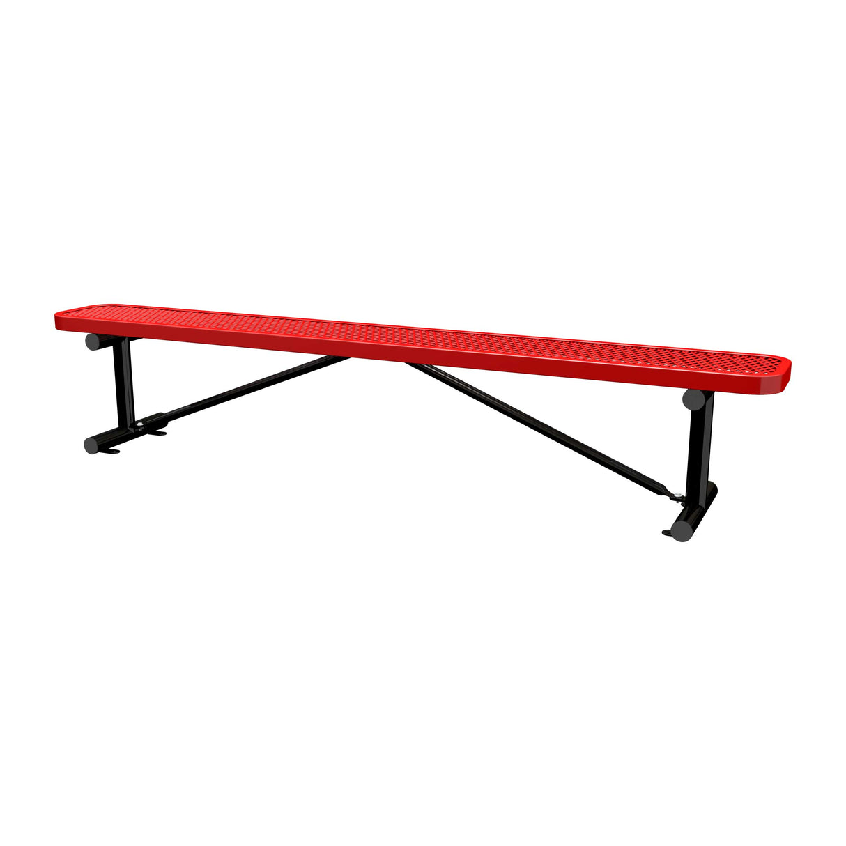 8 ft expanded metal surface mount bench with red seat and black powder-coated legs