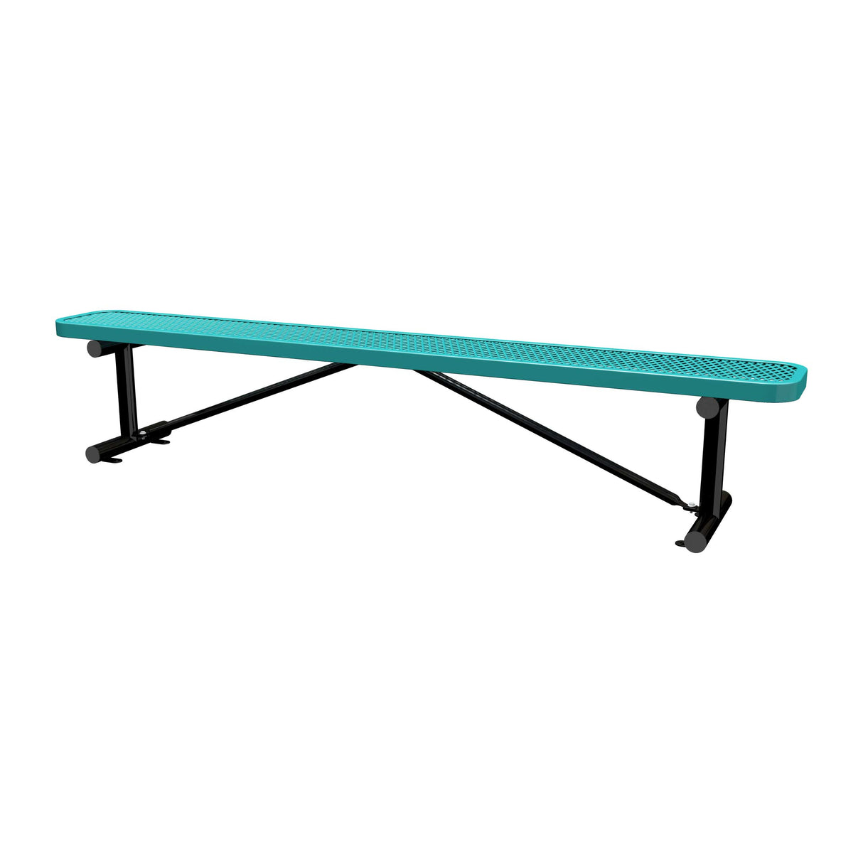 8 ft expanded metal surface mount bench with teal seat and black powder-coated legs