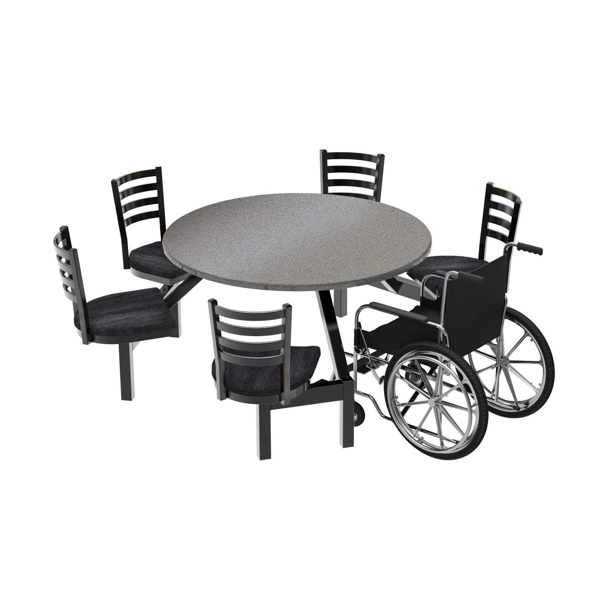 LCH-5S48RD-WC 5-seat 48 inch round covey cluster seat corian dove top with obsidian fiberglass seats with wheelchair at ADA section of table