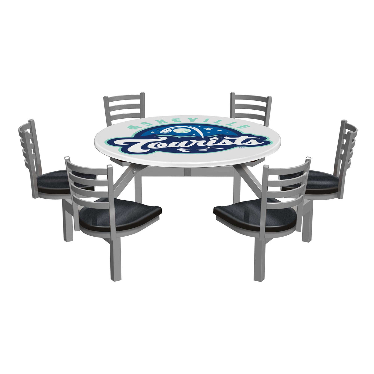 LCH-6S48RD 6-seat 48 inch round covey cluster seat logo top with Asheville Tourists logo and obsidian fiberglass seats