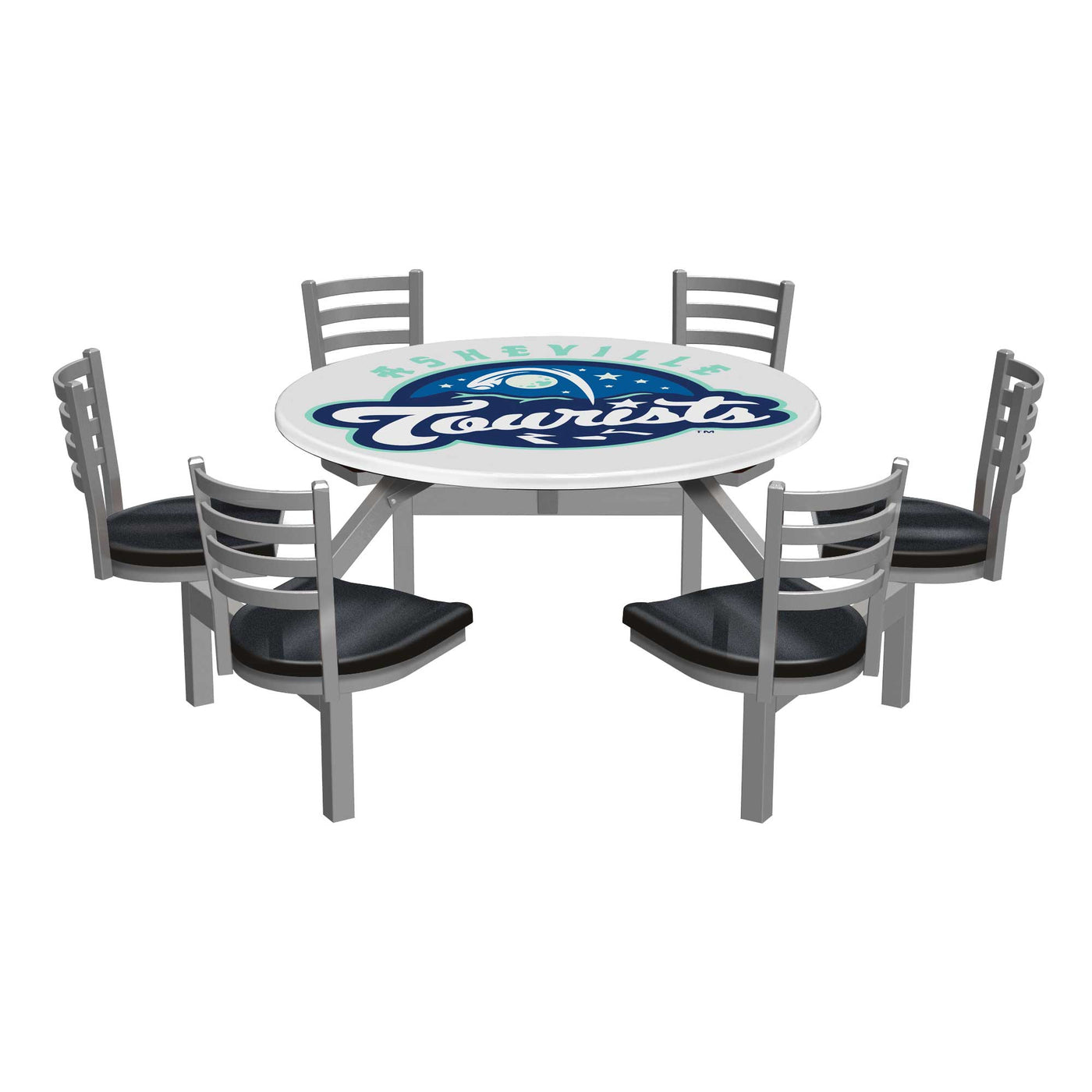 LCH-6S48RD 6-seat 48 inch round covey cluster seat logo top with Asheville Tourists logo and obsidian fiberglass seats