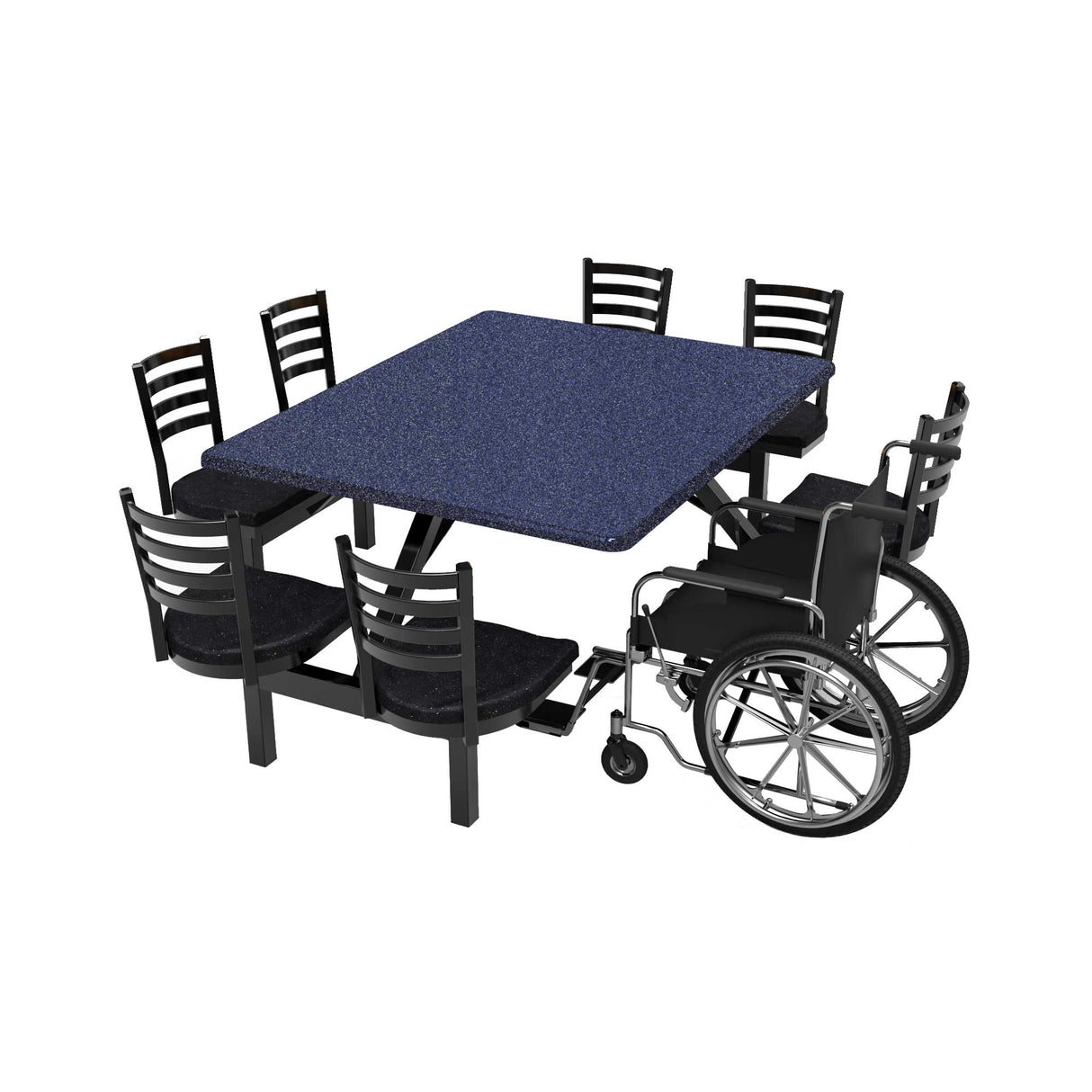 LCH-7S4860RECT 7-seat 48 inch by 60 inch covey cluster seat fiberglass gunmetal top with obsidian seats with wheelchair at ADA section of table