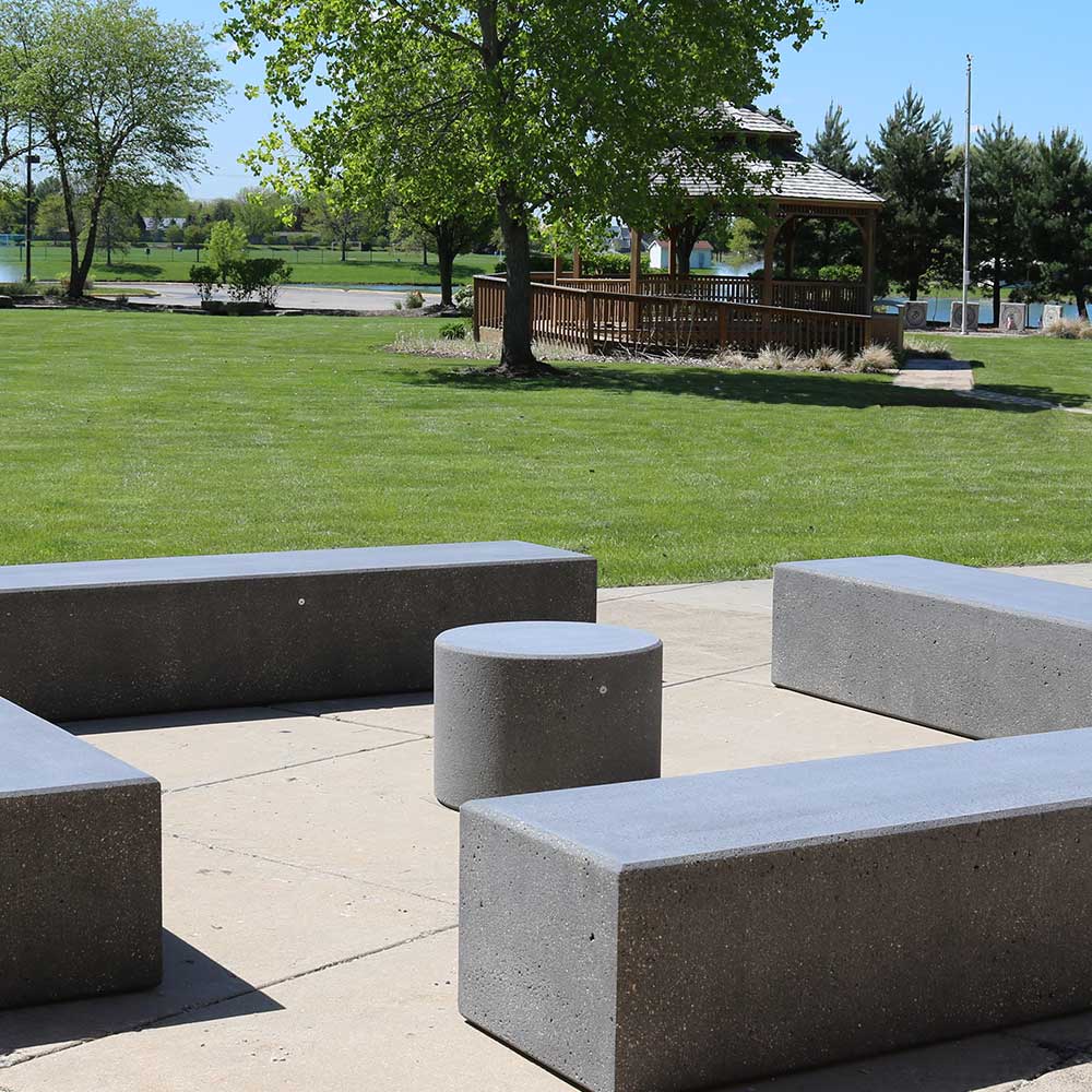 LCH-B5726 26" round getzen concrete campus bench with LCH-B56722418 rectangular concrete campus bench - graphite finish