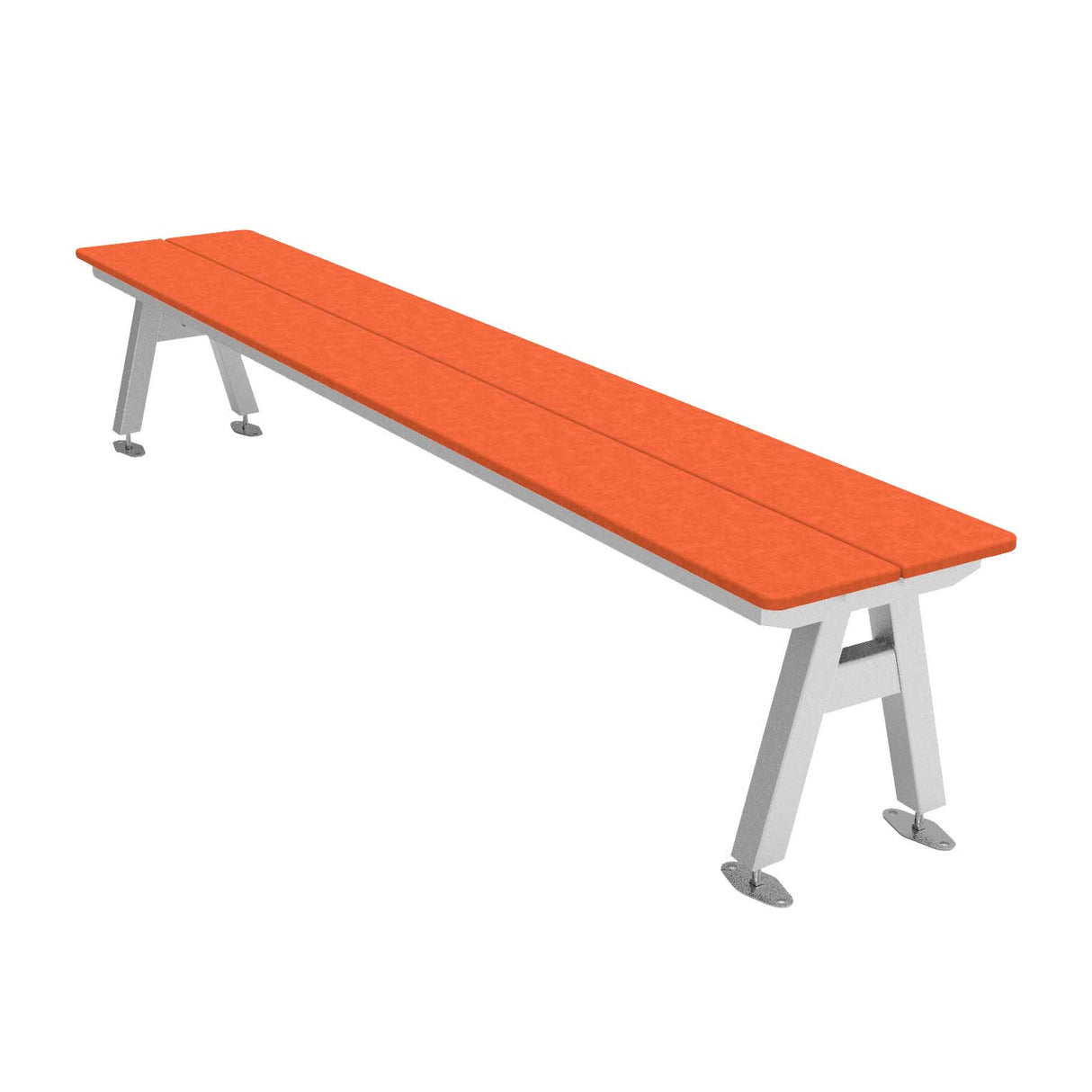 centra 96" bench bright orange multi-board recycled plastic planks on silver frame with surface mount