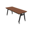 centra table 6 ft cherrywood recycled poly planks on black frame with casters 30" high