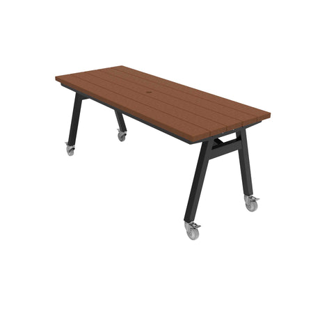 centra table 6 ft cherrywood recycled poly planks on black frame with casters 30" high