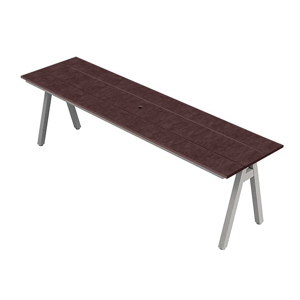 centra table 8 ft tudor brown multi-board planks on silver frame 30" high