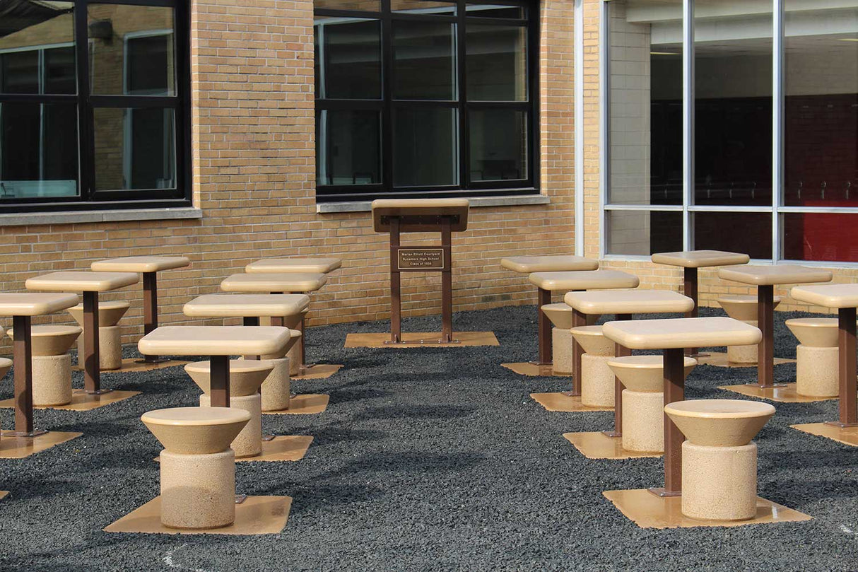 LCH-D363030V getzen concrete classroom desk and seat with LCH-D484844L lectern in outdoor setting - SB2 finish