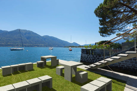 LCH-7000 getzen contemporary concrete tables and seats at a lake park - SB6 finish