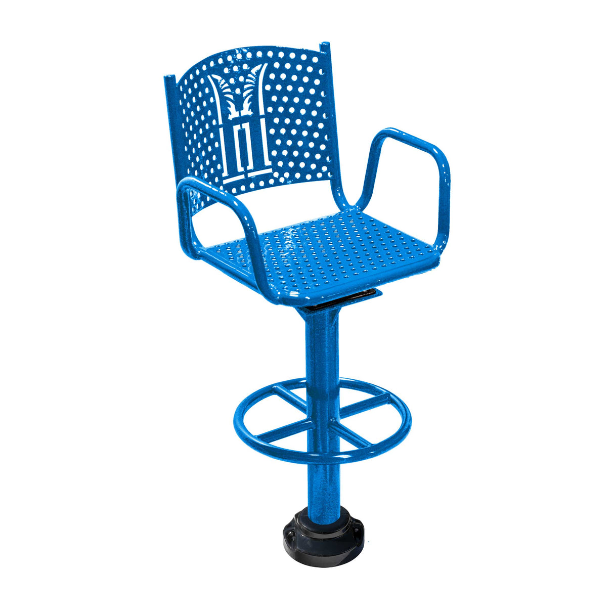 Blue personalized swivel bar chair with footrail yard goats logo