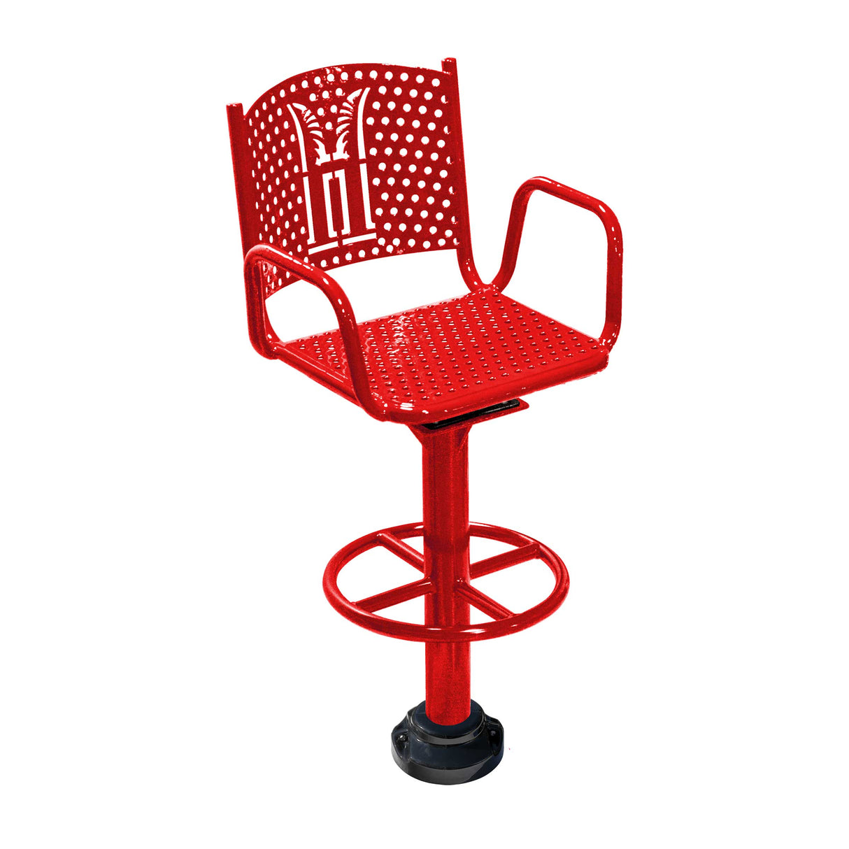 Red personalized swivel bar chair with footrail yard goats logo