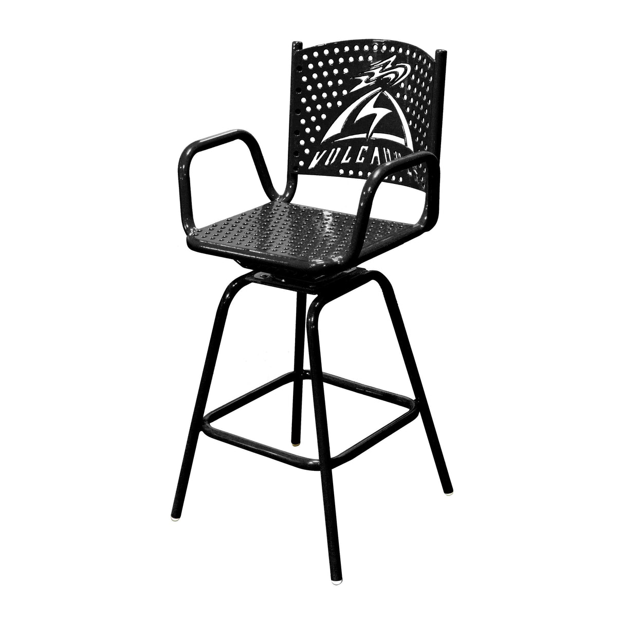 black portable swivel perforated bar chair with volcanoes logo
