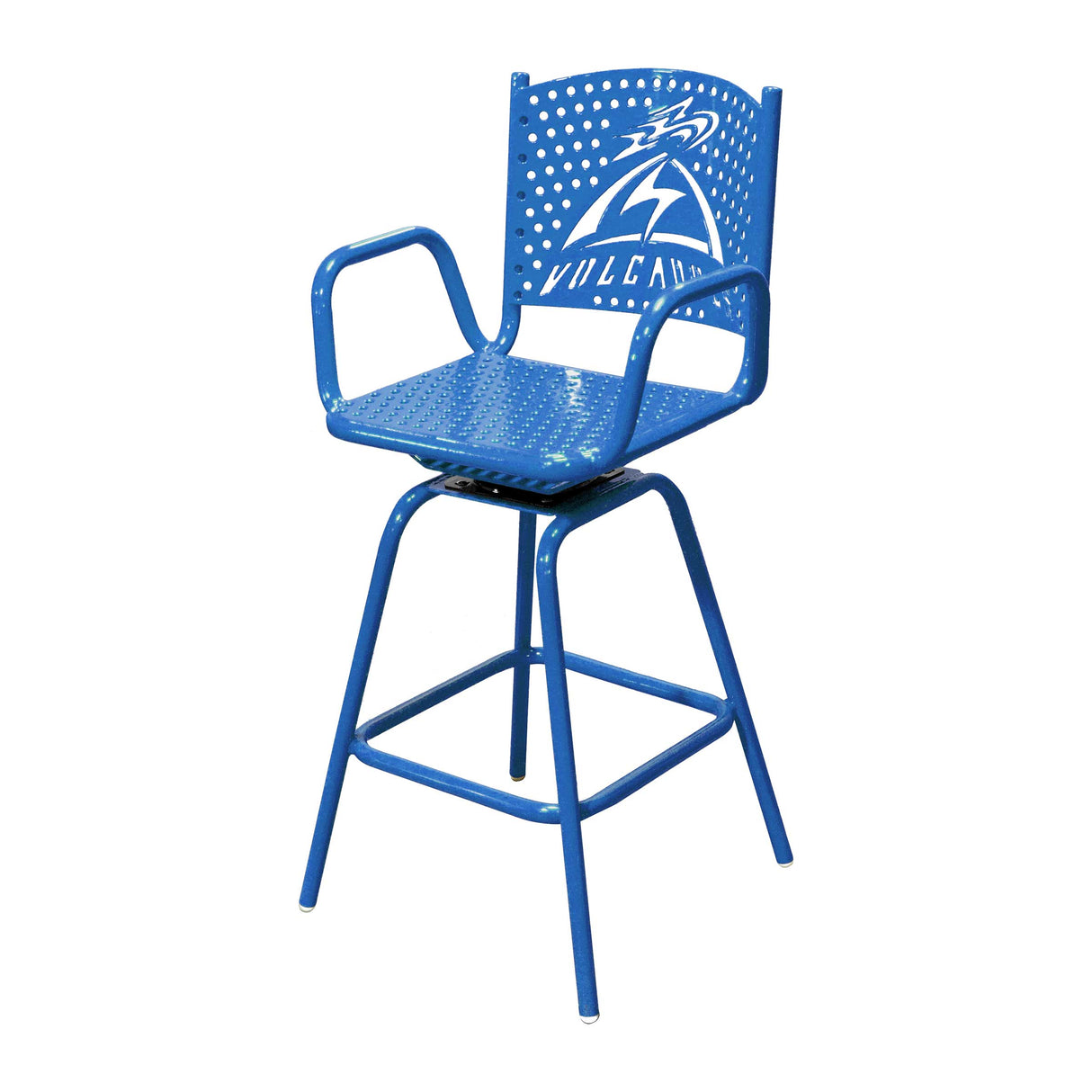 blue portable swivel perforated bar chair with volcanoes logo