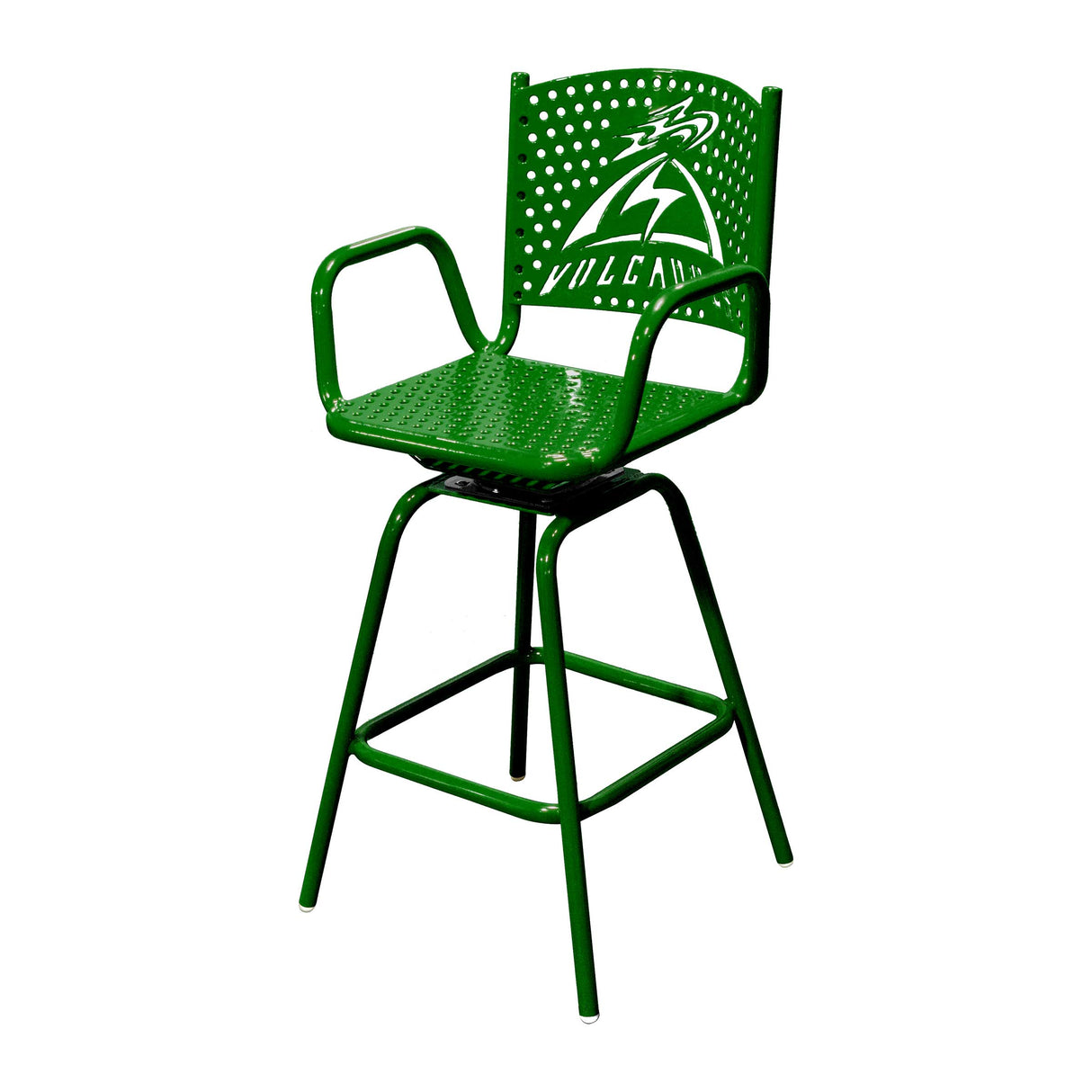green portable swivel perforated bar chair with volcanoes logo