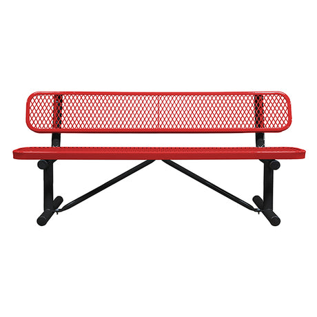 Red perforated bench with black legs on a white background.