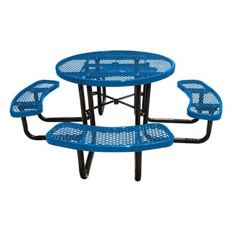 Blue perforated table with black legs and 4 seats on a white background.