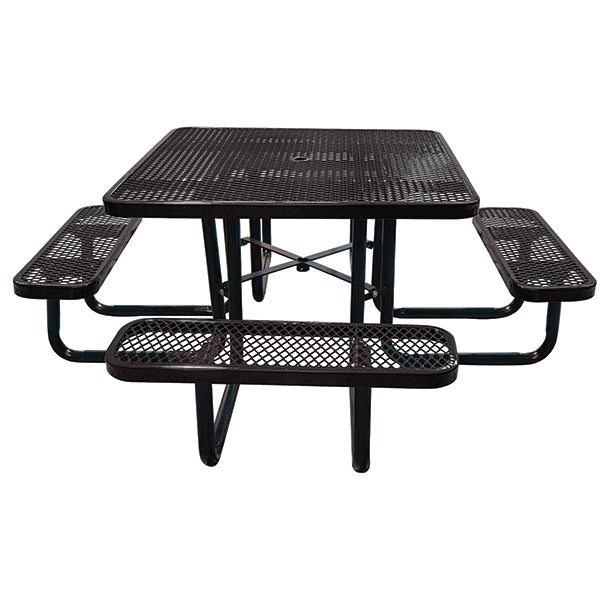 Black perforated table with 4 seats for 8 people.