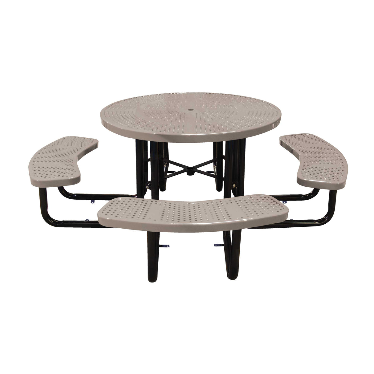 46" in-ground round table in beige perforated seats and tops