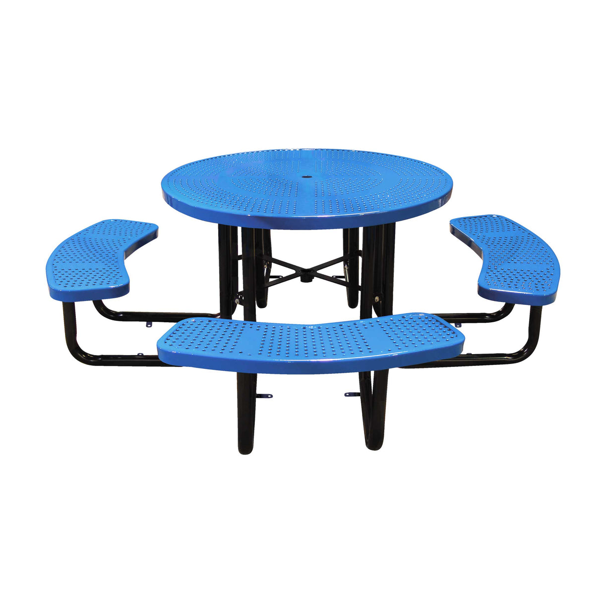 46" in-ground round table in blue perforated seats and tops