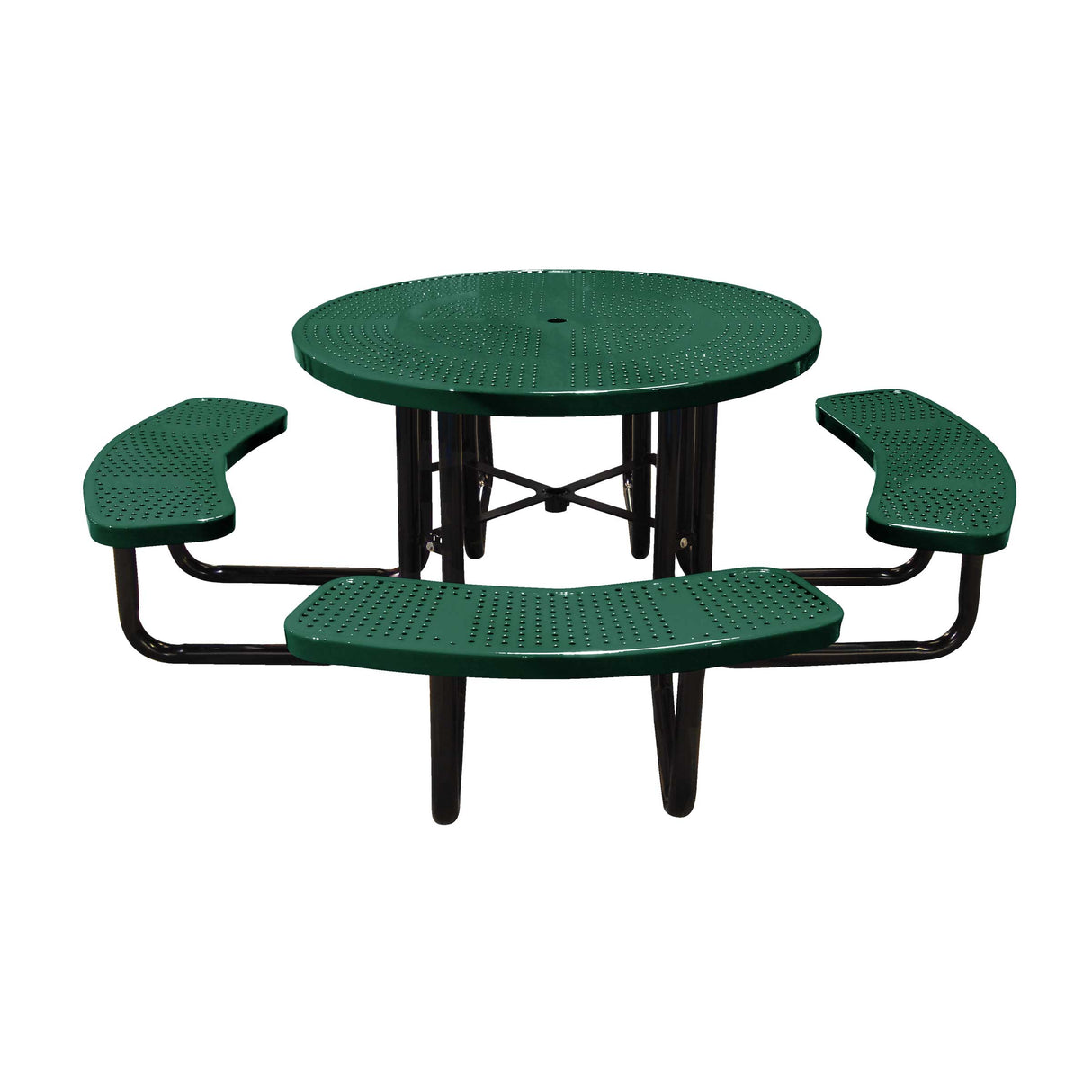 46" portable round table in black green perforated seats and tops