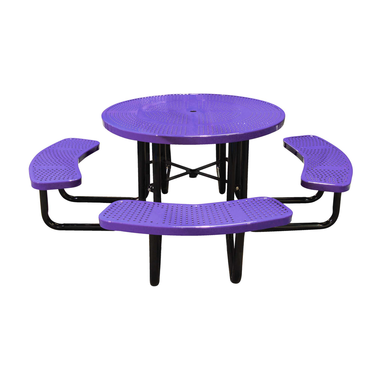 46" portable round table in purple perforated seats and tops