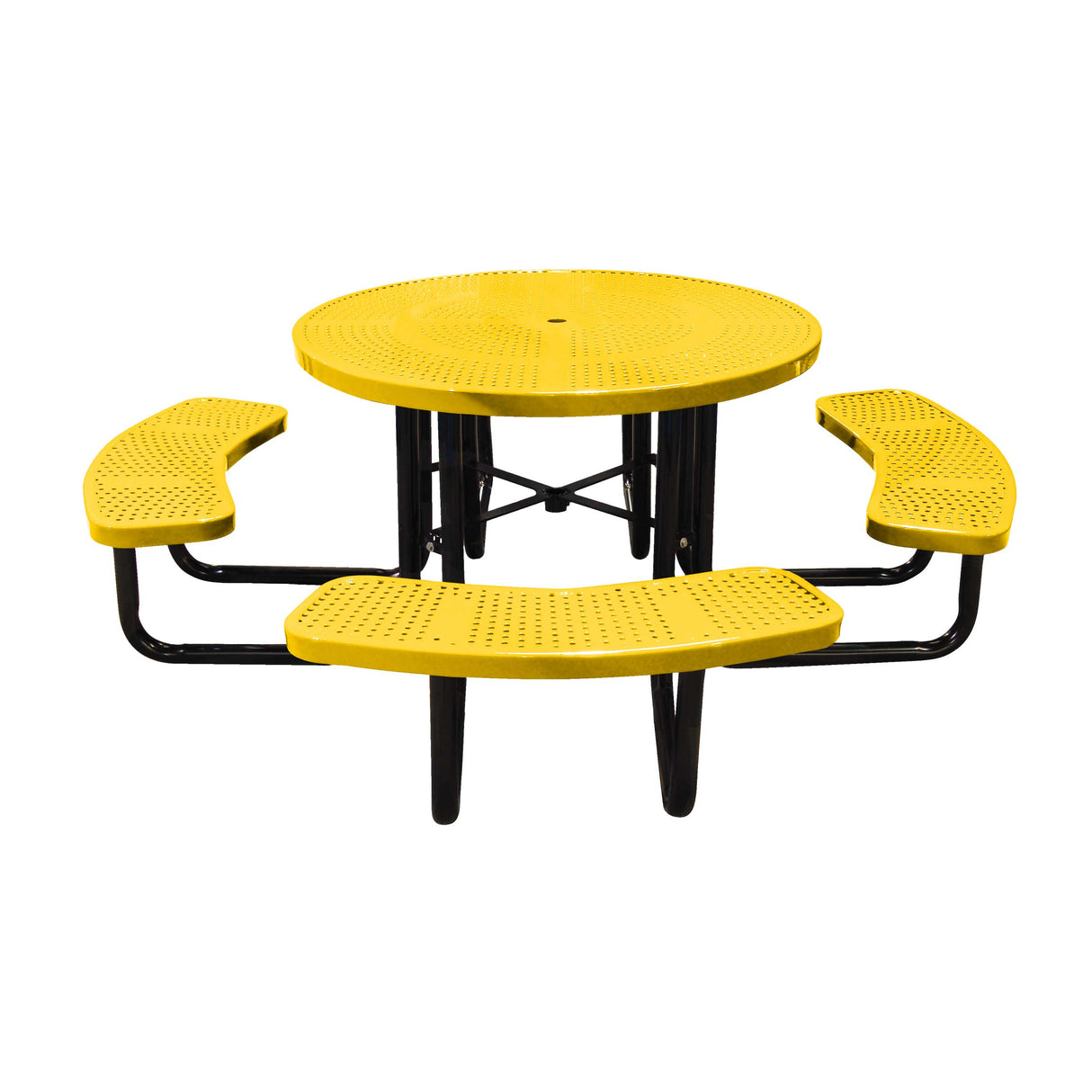 46" portable round table in yellow perforated seats and tops