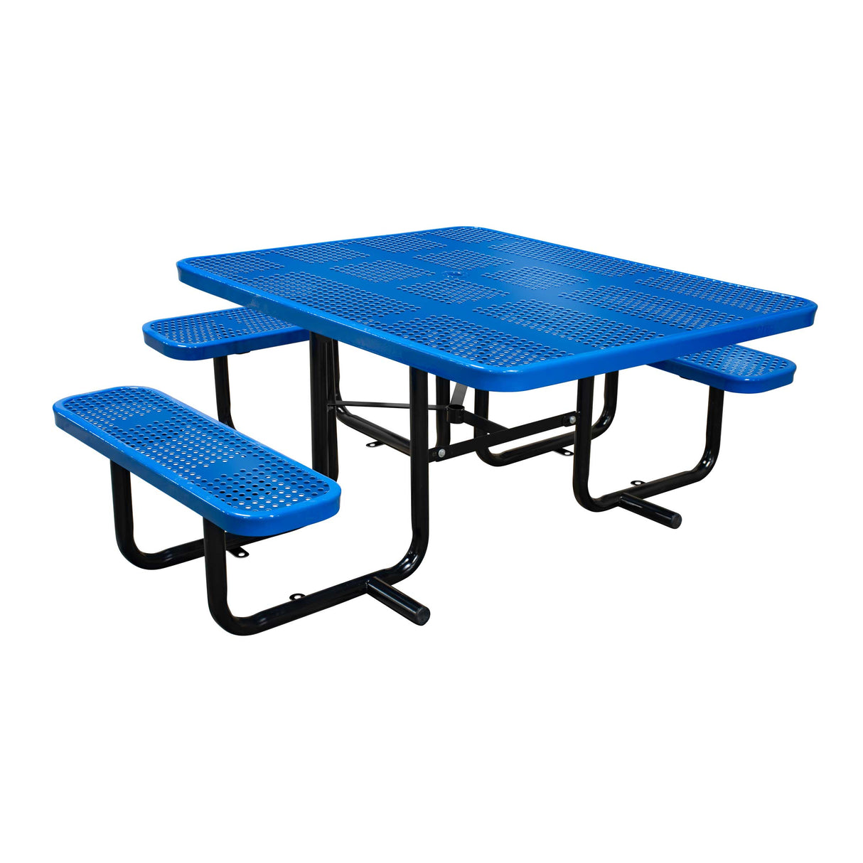 46" x 55" in-ground ADA table with seats in blue
perforated metal