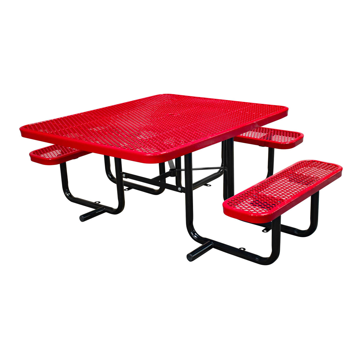 46" x 55" in-ground ADA table with seats in red expanded metal